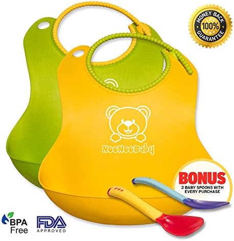 **BARGIN DEAL TODAY! - BUY AT THIS PRICE WHILE SUPPLY LAST** Waterproof Baby Bibs With Snaps Adjustable For Your Growing Toddler, Boy Or Girl | 2 Pack Set For Feeding | Perfect Fit For a Gift or Baby Shower - This Bib Will Not Scratch Your Baby Delicate Skin. It is Easy to Clean, Dishwasher Safe. 100% LIFETIME BABY PROOF GUARANTEE! BONUS 2 Spoons With Every Purchase.