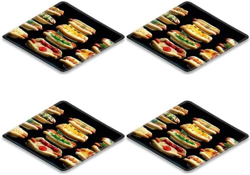 Hot Dogs Variety Tasty Meat Bun Square Coaster (4 Piece) Set Fabric Rubber 5 Inch Size Liil Coaster Cup Mug Can Water Bottle Drink Coasters Stain Resistance Collector Kit Kitchen Table Top Desk
