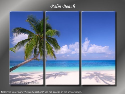 Framed Huge 3 Panel Modern White Sand Palm Beach Giclee Canvas Print