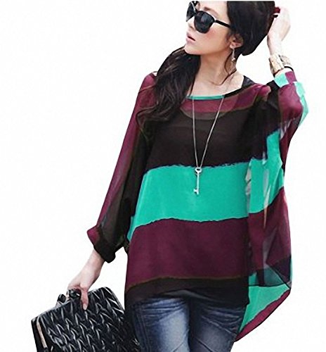 (ミネトメ)Minetom レディース　女性 夏　シャツ　バットスリーブ　ストライプ　日焼け止め　非対称　シフォン　緩い　体型カバ　ボヘミア