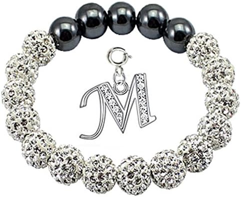 Shamballa bracelet with CZ clear crystal ball + silver initial charm M