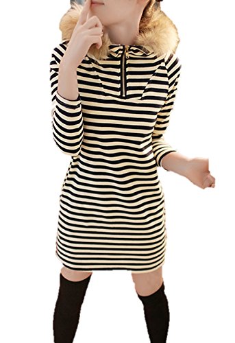 ワンピース  ジッパー襟 フード付きワンピース ファー付きフード ボーダー柄 ストライプ ミニ丈 長袖 カジュアル 秋冬 クマのぬいぐるみ付き K-1554