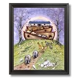 Noahs Ark Animals Kids Room Religious Picture Black Framed Art Print #2