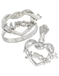 Sterling Silver AMOR w/ Cupids Bow Ring & Pendant Set CZ Stones Rhodium Finished