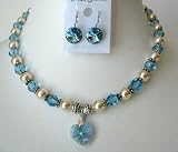 Genuine Swarovski Cream Pearl & Aquamarine Crystals w/ Heart Pendant Necklace Set (BRAND NEW)