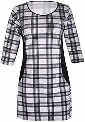 Plus Size Short Illusion 3/4 Sleeves Round Neck Checkered Print Mini Dress 