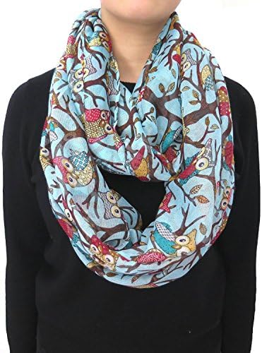 Nexxgen Fashion Infinity Scarfs for Women 50 Styles Animal Print American Flag (Cute Owl- Light Blue)