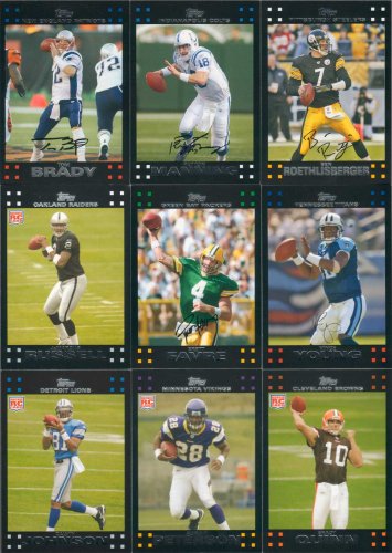 2007 Topps Football Complete Mint Hand Collated 440 Card Set. Loaded with Stars Including Tom Brady, LaDainian Tomlinson, Philip Rivers, Ben Roethlisberger, Reggie Bush, Vince Young, Randy Moss, Peyton Manning, Brett Favre, Donovan McNabb and More!! Loaded with Rookies Including Brady Quinn, JaMarcus Russell, Kevin Kolb, Adrian Peterson, Dwayne Jarrett and Many More!