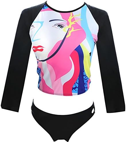 Polovi Women Swimsuit Character Print High Neck Long Sleeve Bathiing Suit Black