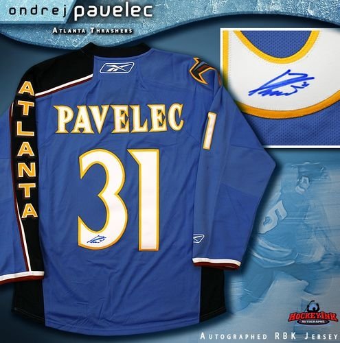 Ondrej Pavelec Atlanta Thrashers Blue Autographed/Hand Signed Reebok Premier Jersey