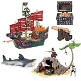 Wooden Shanghai Warrior Pirate Ship With Papo Pirate Island + Pirate Accessory Set