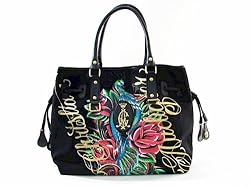 Ed Hardy Christian Audigier Black Montmart Peacock Tote MRS7008