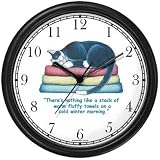 Black & White Cat Sleeping on Towels - Cat Cartoon or Comic - JP Animal Wall Clock by WatchBuddy Timepieces (White Frame)
