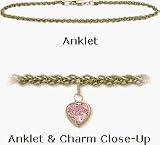 10 Karat 10 Yellow Gold Wheat Style Pink Stone Heart Charm Anklet