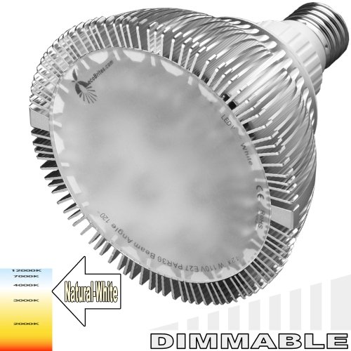 ecoBrites Ultr-Brites Dimmable 12x2w Hi-Performance LED light (replacing 200w incandescent/halogen bulbs). Natural White (3100k) Light Output in 120 degree Wide Angle Flood Beam Spread with Diffuser. Standard PAR38 / R38. Working with Traditional Dimmer. Designed for Recessed Downlights, Spotlights, Track Lights & Floodlights (replacement or retrofit of Incandescent, Halogen, Fluorescent & CFL Bulbs). Ideal for High Ceilings, Lobbies, Entrances.