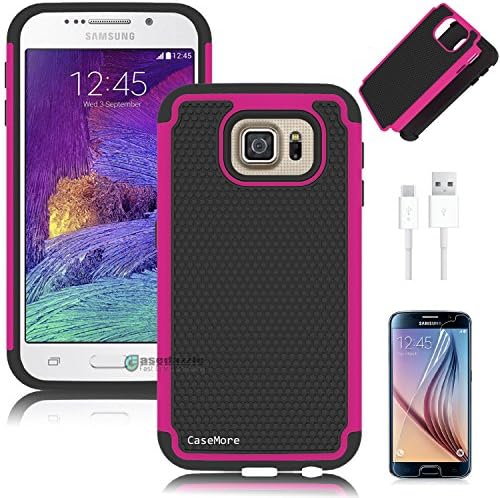 Samsung Galaxy S6 Case + Free Screen Protector + Free Charger Cable + Free Stylus + Microfiber Cleaning Cloth by CaseMore Shock Proof Plastic + Silicon Dual Layer Protective Armor Defender Case - HotPink