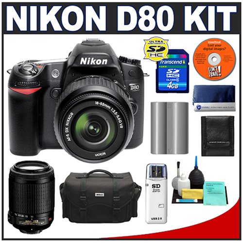 Nikon D80 10.2MP Digital SLR Camera with 18-55mm VR DX + Nikon 55-200mm f/4-5.6G AF-S DX VR IF-ED Zoom-Nikkor Lens + 4GB SecureDigital (SDHC) Card + Card Reader + Nikon EN-EL3e Battery + Nikon Case
