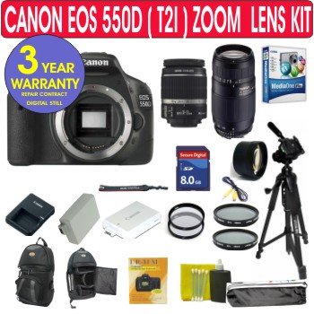 Canon EOS 550D (T2i) 18 MP Digital SLR Camera + Canon 18-55mm Image Stabilizer Lens + Tamron 75-300mm Zoom Lens + 2x Telephoto Lens (up to 600mm) + (2) UV Filters + (2) PL Filters + 8 GIG High Speed Memory Card + Extra High Capacity Battery + Camera Backpack + 57" Deluxe Tripod + 11 Piece Kit + 3 Year Celltime Warranty