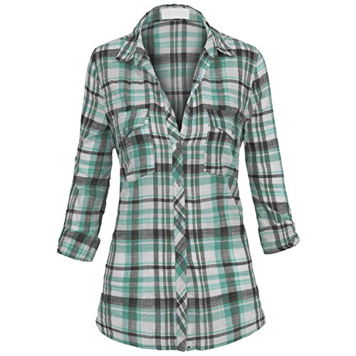 Women's Classic Collar Button Down Roll Up Long Sleeve Cotton Plaid Shirt