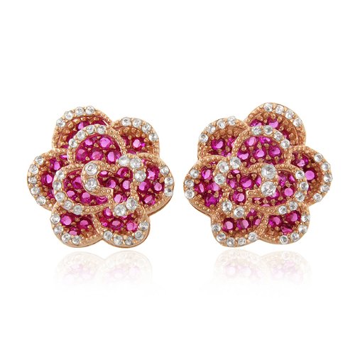 Rubies and White Sapphires Flower Earrings in Rose Gold Plated Sterling Silver