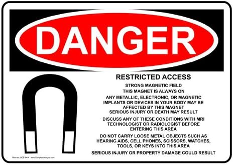 ComplianceSigns Vinyl OSHA DANGER Label, 5 x 3.5 in. with MRI / X-Ray / Microwave Info in English, 100-pack White