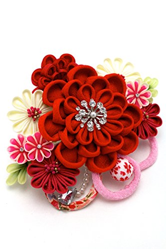 髪飾り つまみ細工 赤 ビーズ パール ビジュー コーム