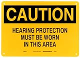 Brady 25465 10 Height, 14 Width, B-401 Plastic Black On Yellow Color Ear Protection Sign, Legend Caution Hearing Protection Must Be Worn In This Area