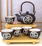 Tea set Japanese in black speckle Tea calligraphy glaze and five cups
