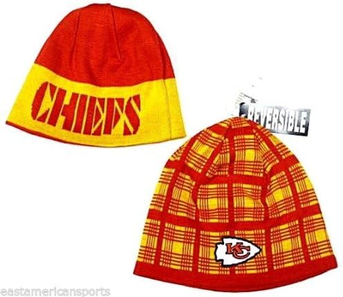 KANSAS CITY CHIEFS NFL Reversible Plaid 2-Tone Cuffless Knit Beanie Hat Ski Cap in Team Colors