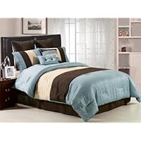8 Pieces Beige, Blue and Brown Luxury Stripe Comforter 90x92 Bed-in-a-bag Set Queen Size Bedding