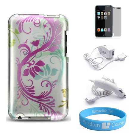 Apple iPod Touch 2nd and 3rd generation Silver with Hot Pink Swirl Protector Case + Mirror Screen Protector + itouch 2g 3g Wall Charger + Car Charger + Wristband