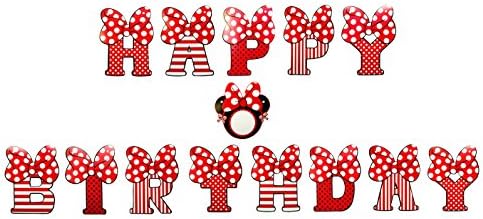 Lovarin New Design Minnie Mouse Birthday Banners with Greeting Card-Premium Card Stock with Red Polka Dot Bow for Kid's Party Themes Supplies Birthday Decorations Versatile Bunting
