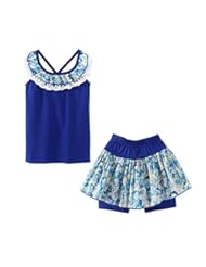 Apparel: Girls Lace Collar Tank Tops and Floral Shorts Clothes Sets 8-9T Blue