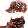 Red Mens Plaid Military Cadet Hat with Matching soft scarf set up to Large size