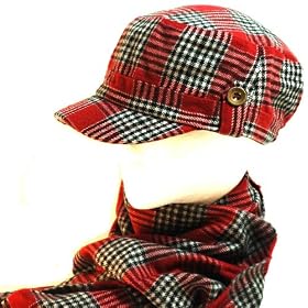 Red Mens Plaid Military Cadet Hat with Matching soft scarf set up to Large size