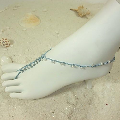 Destination Wedding Beaded Barefoot Sandals, Beach Festival Crochet Sandles, Hippie Yoga Anklet Jewelry, Boho Nude Footless Shoes (Blue)