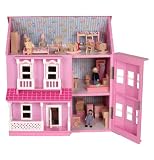 MamaKiddies Victorian Pink Wooden Dolls House with complete furniture and 4 dolls