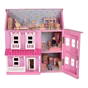 MamaKiddies Victorian Pink Wooden Dolls House with complete furniture and 4 dolls