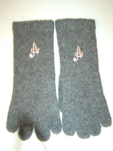 G241, Dark Grey Color Angora Wool Gloves Trimmed with Pink Monogram Letter for Men Women and Teens