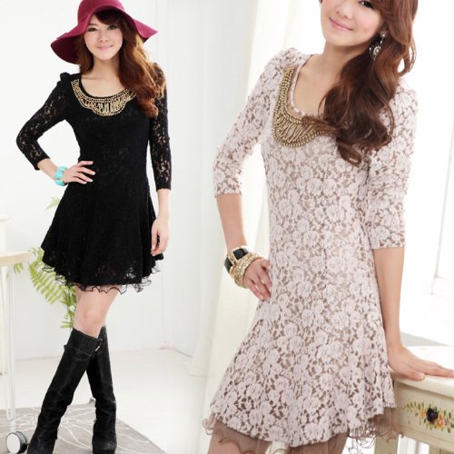 (ゴールドジャパン)Goldjapan フレアーワンピースミディアムレース重ね着風 メール便可