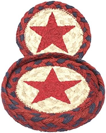 Capitol Earth Rugs 5'' Set of 4 Primitive Jute Coasters in Jute Basket (Red Star)