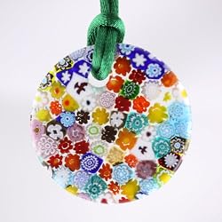 Handmade Multi-Color Millefiori Murano Glass Pendant - Daisy with Green Cord