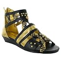 E90 Ladies Black Cuff Flat Gold Sandals Shoes Sizes 3-8