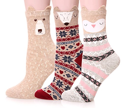 Dosoni Womens Girl Cartoon Animal Patterned Novelty Cute Casual Crew Socks Pack of 3