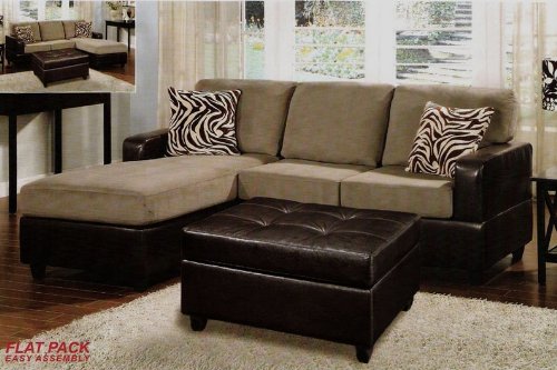 3 pcs Sectional Sofa Set with Accent Pillows and Faux Leather Ottoman in Pebble