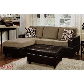 3 pcs Sectional Sofa Set with Accent Pillows and Faux Leather Ottoman in Pebble