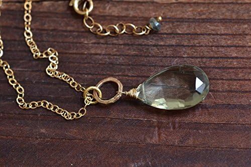 14kt Gold Simple Prasiolite Green Amethyst &amp; Moss Aquamarine Drop Necklace