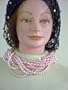 Sn52, Hand Crocheted Black Gimp Large Snood Trimmed with Rhinestones for Women in Combination with Twelve Strand Light Pink Pearl Necklace and Earrings