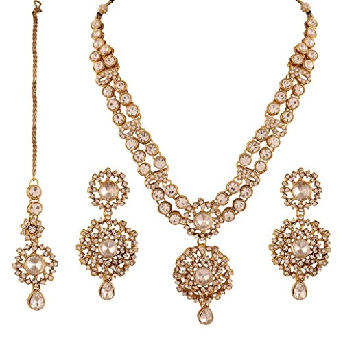 I Jewels Women s Traditional Gold Plated Kundan Necklace Set With Maang Tikka White