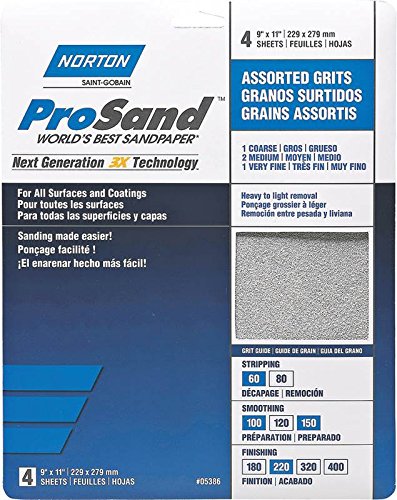 Norton 05386 9-Inch X 11-Inch 3X Assorted Grit Sand Paper, 4-Pack